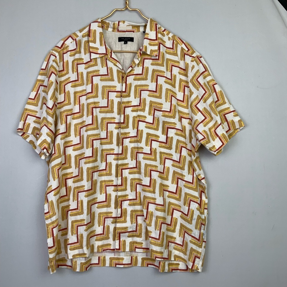 Ted Baker Men's Sz 6 XXL Retro Geometric Print 100% Linen Button Down Camp Shirt